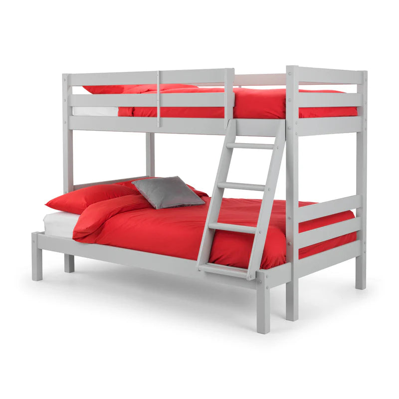 Grey bunk bed with red bedding on a white background