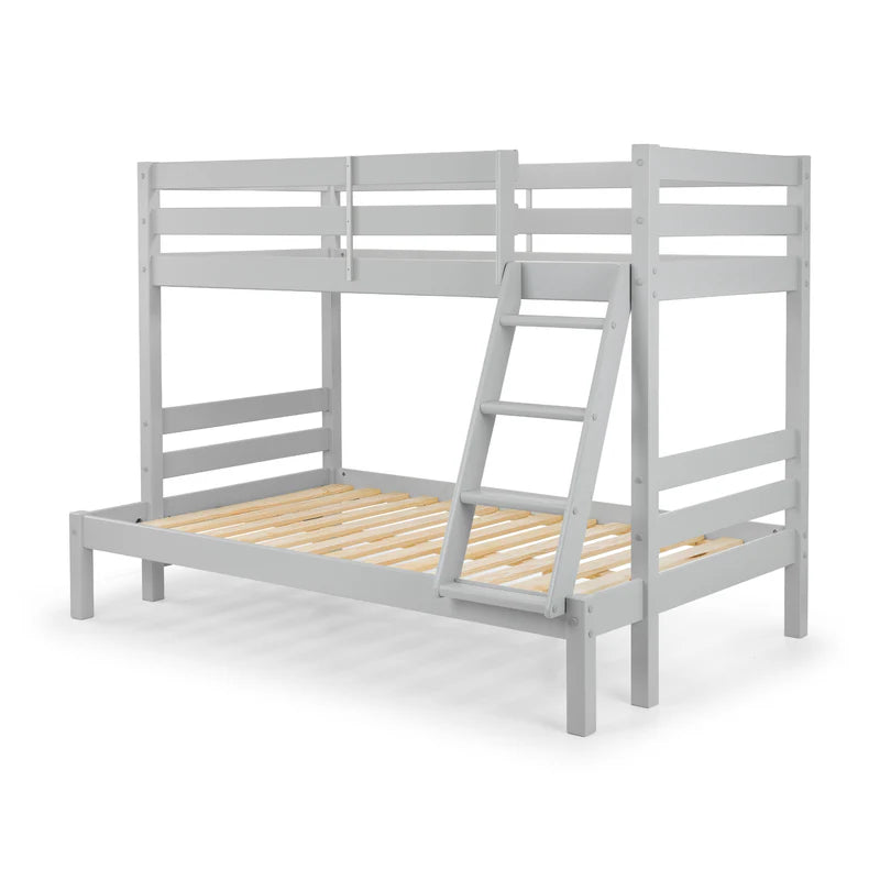 Gray bunk bed with wooden slats and ladder on a white background