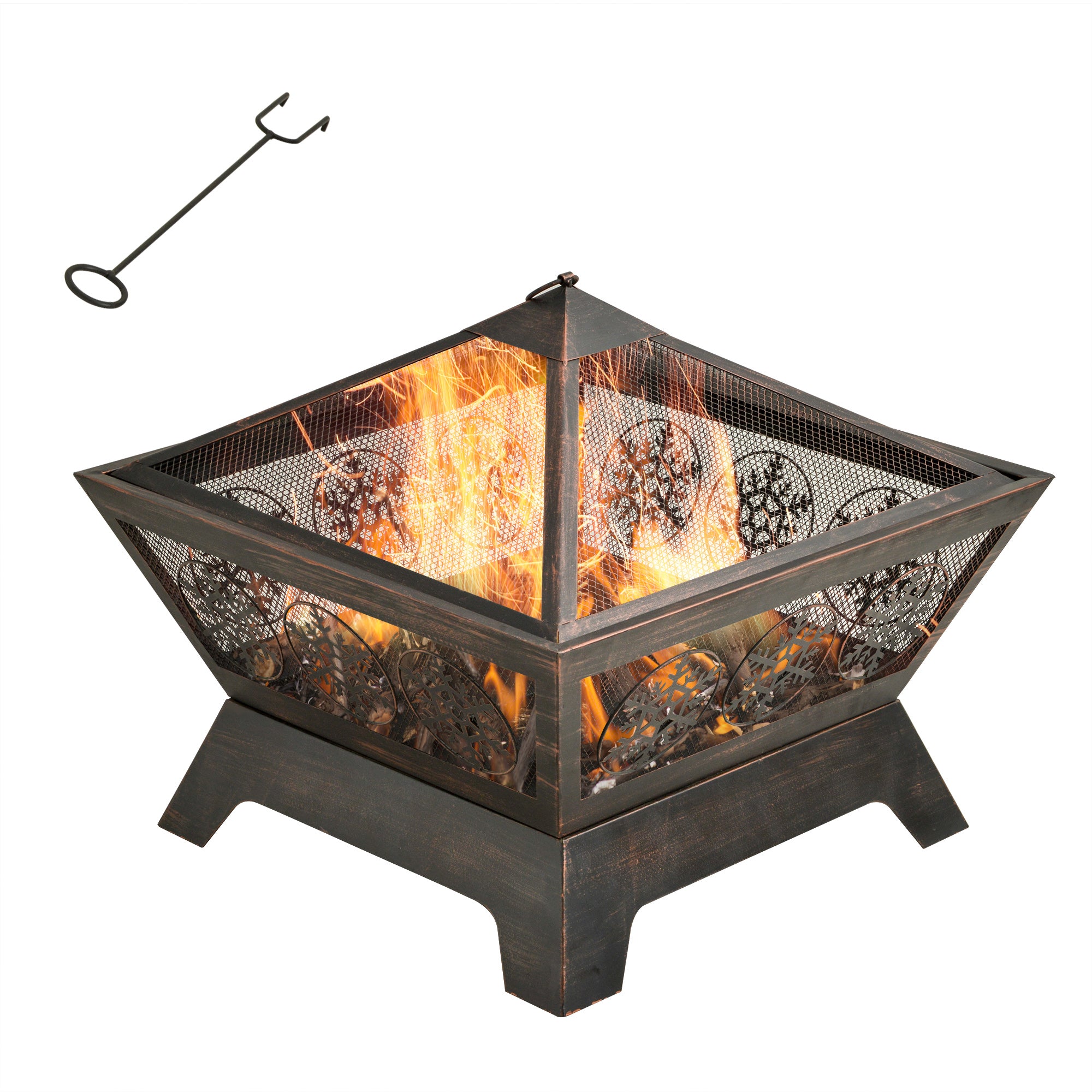 Hexagonal metal fire pit with flames and a fire poker on a white background