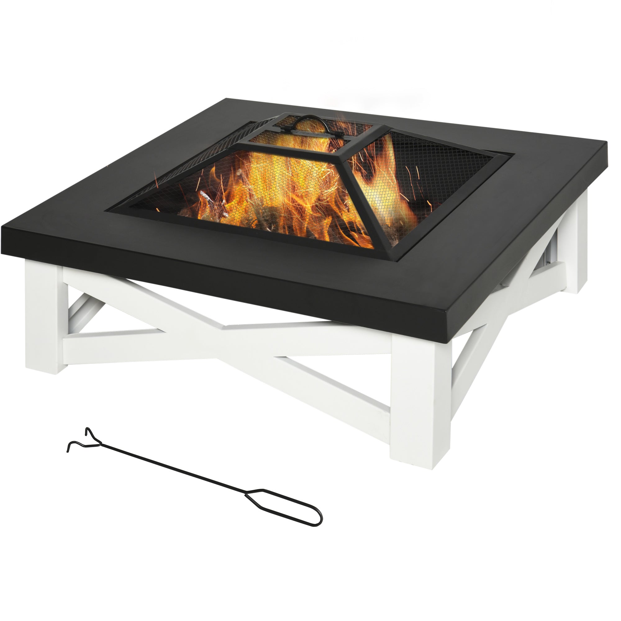 Square fire pit table with flames inside, white base, and a fire poker on a white background