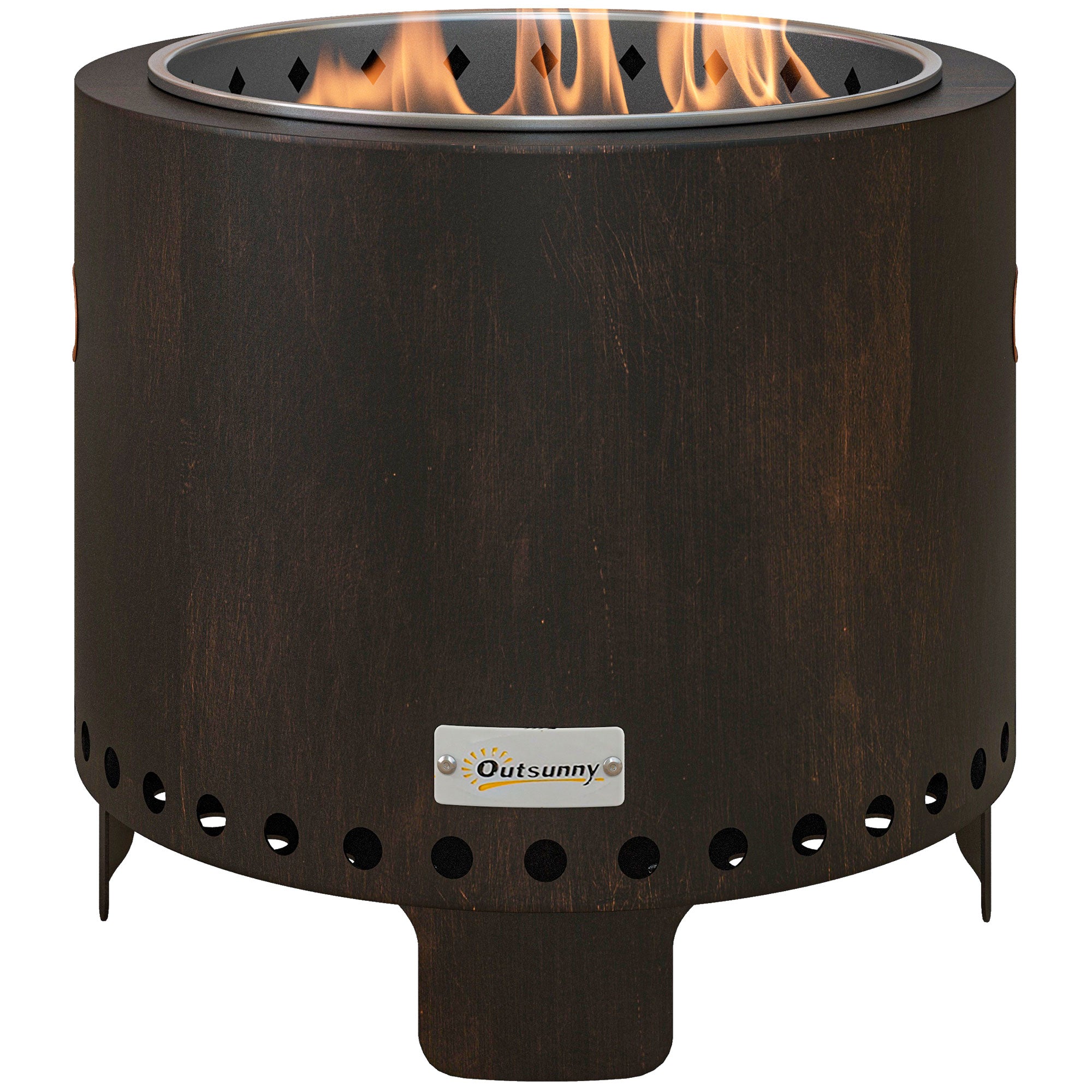 Metal fire pit with flames on a white background, featuring the Outsunny brand.