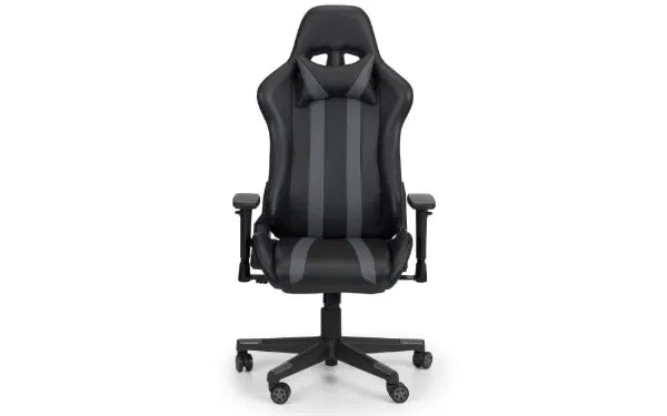 Black gaming chair with striped design on a white background