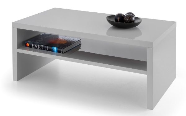 Gray coffee table with a shelf displaying books and a bowl on a white background
