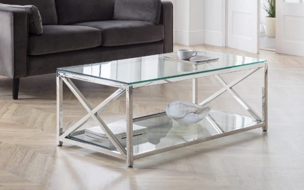 Glass coffee table with metal frame in a living room setting