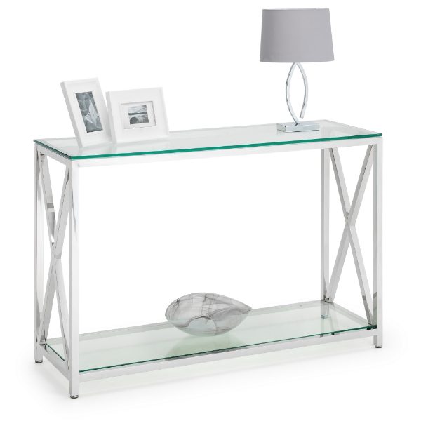 Glass console table with metal frame on a white background