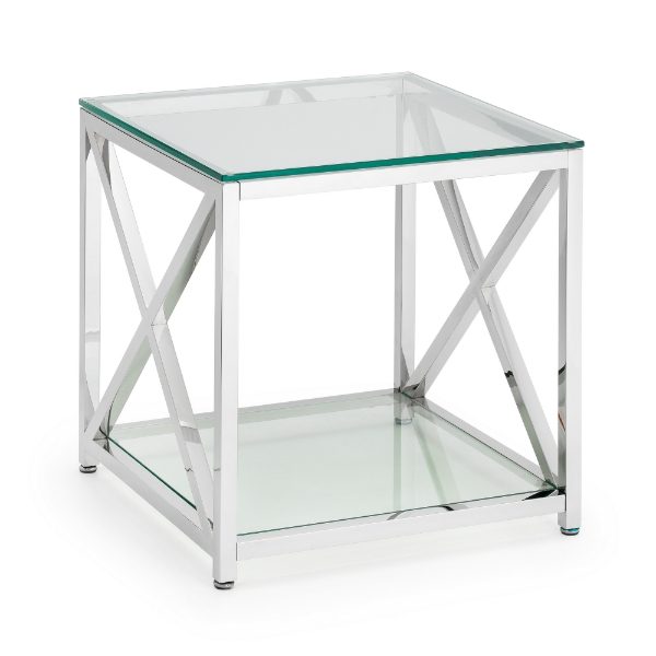 Glass side table with metal frame on a white background