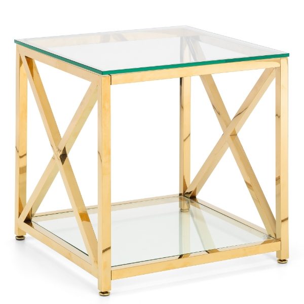Gold side table with glass top and shelf on a white background