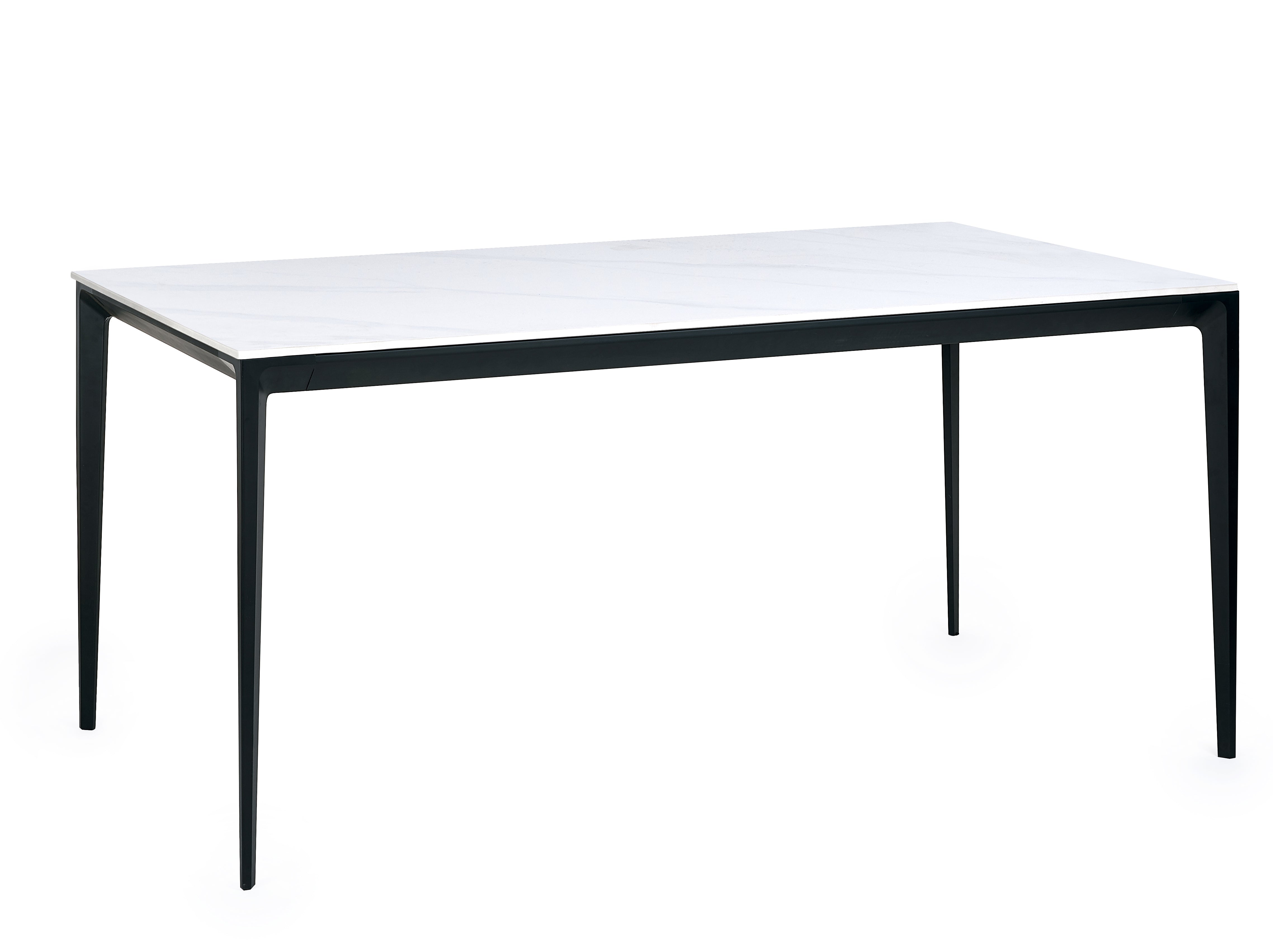 Rectangular table with a white top and black legs on a white background