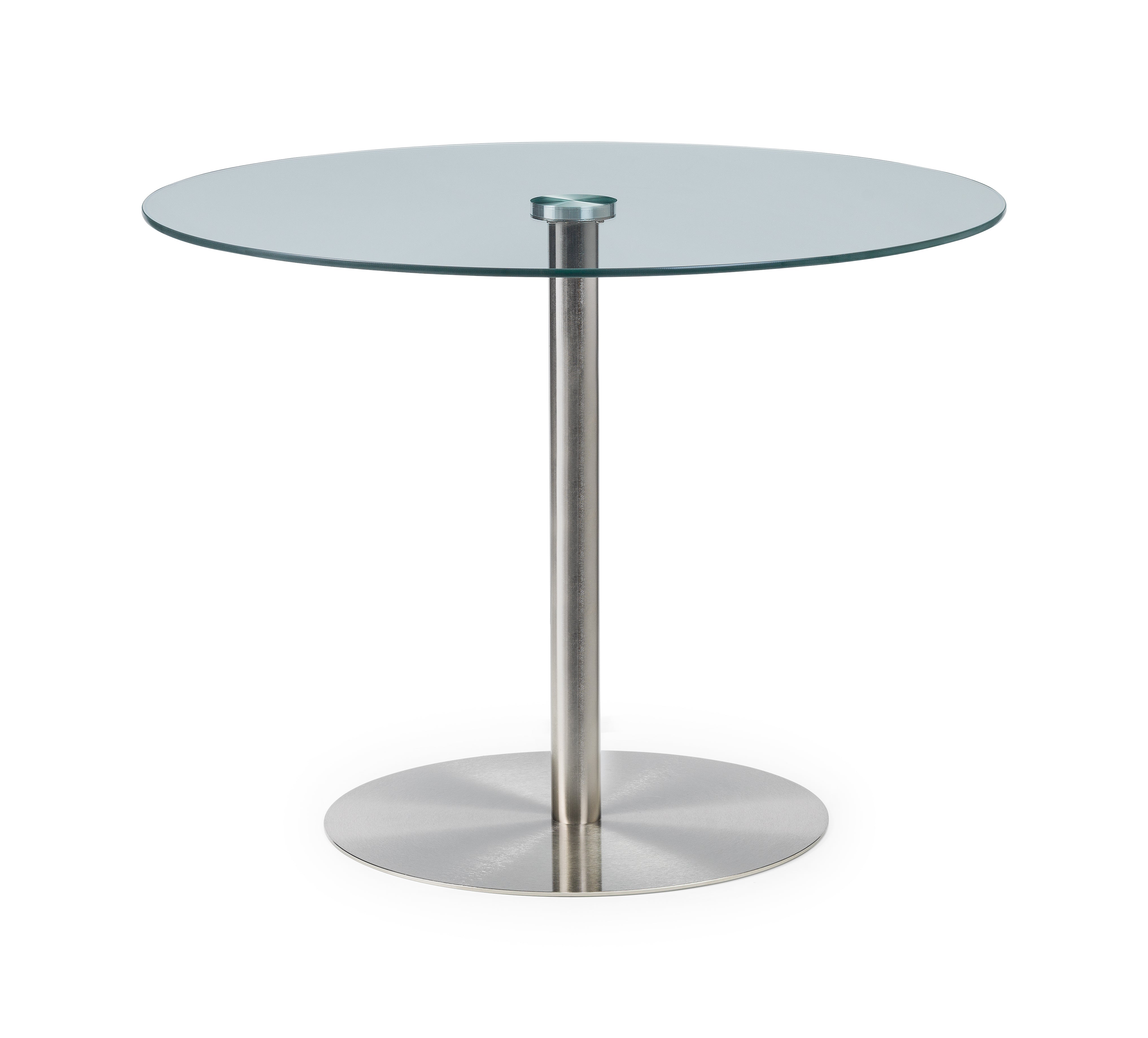 Glass table with metal base on a white background
