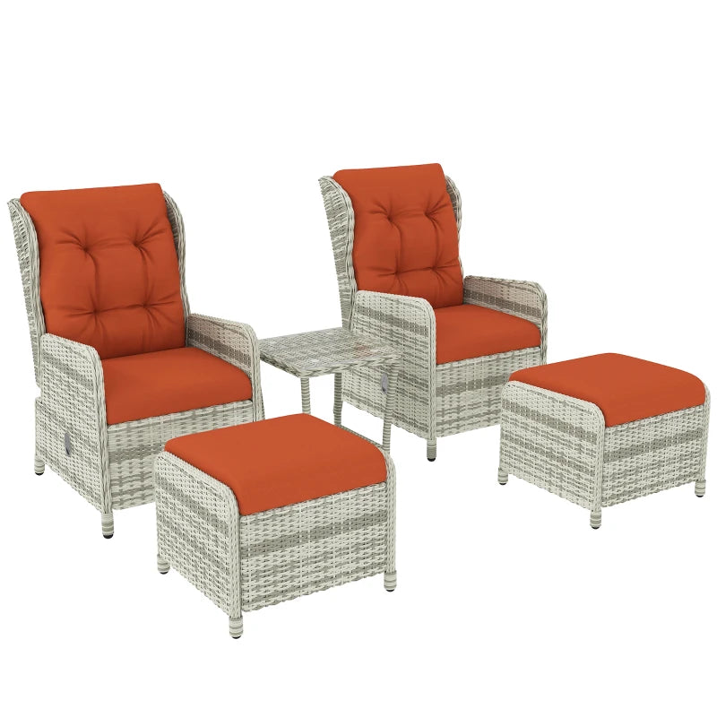 Outdoor furniture set with wicker chairs and ottomans featuring orange cushions on a white background.