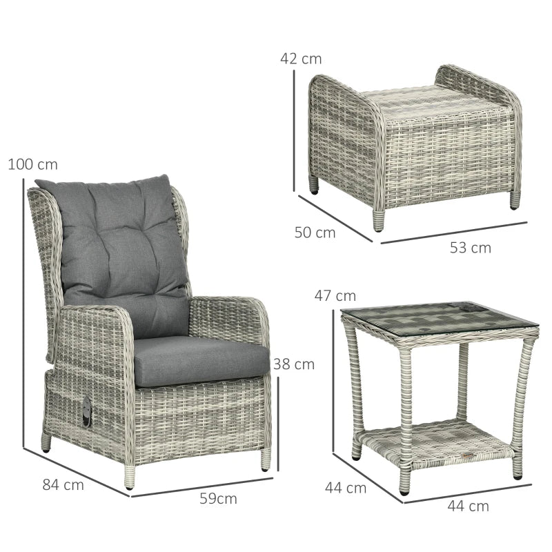 Wicker outdoor furniture set with dimensions labeled on a white background