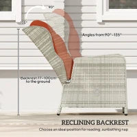 Reclining chair with adjustable backrest angles and measurements on a neutral background