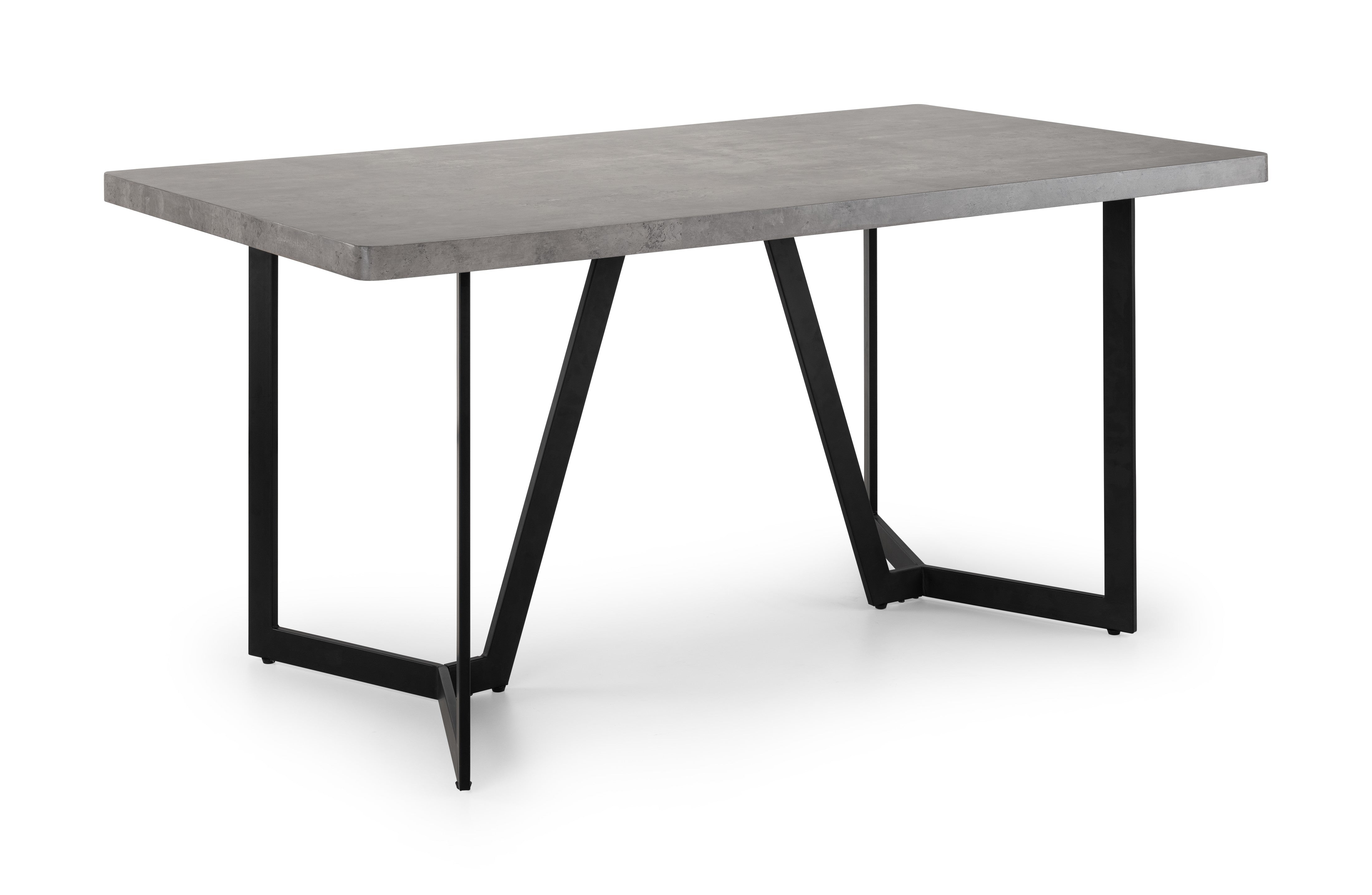 Modern dining table with concrete top and black metal legs on a white background