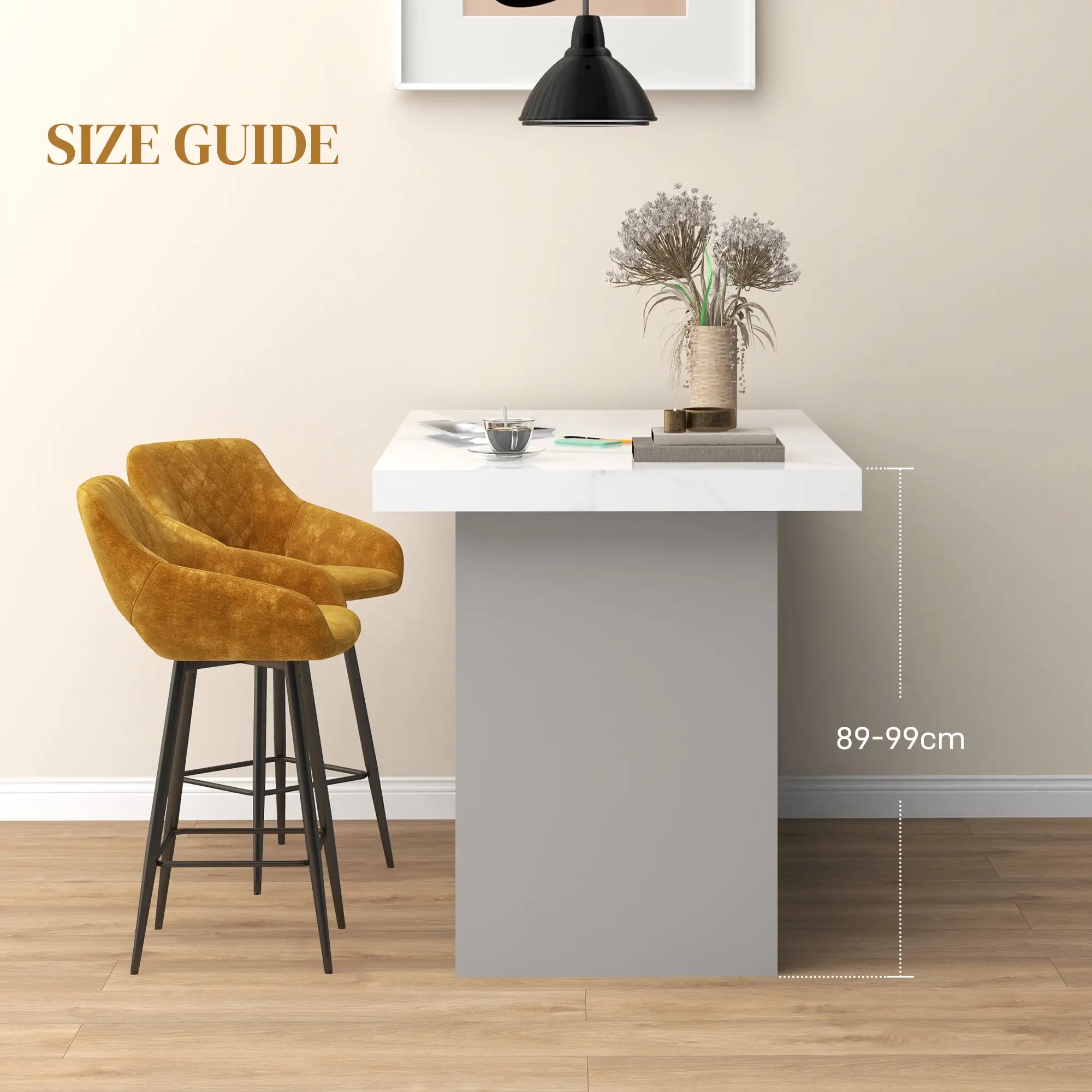 Small dining table with two mustard-colored chairs in a room setting, with a size guide indicating dimensions.