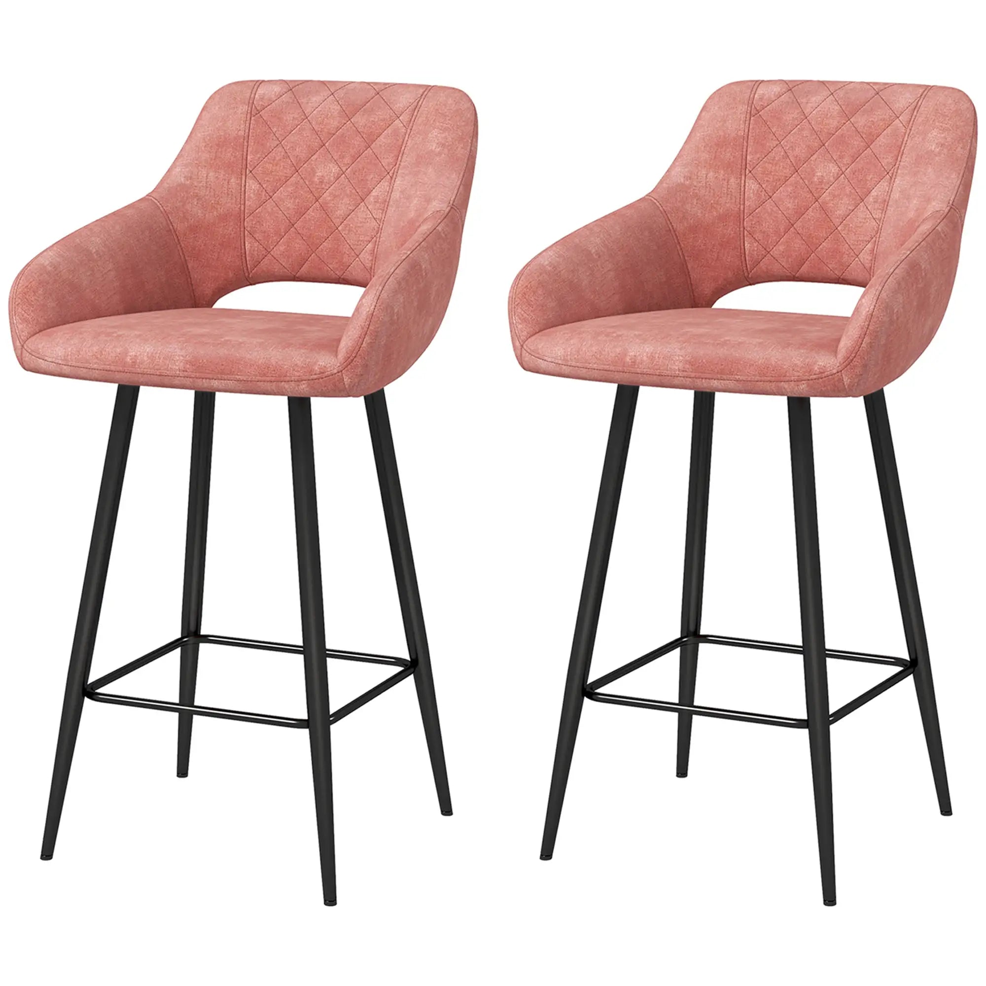 Two pink bar stools with black legs on a white background
