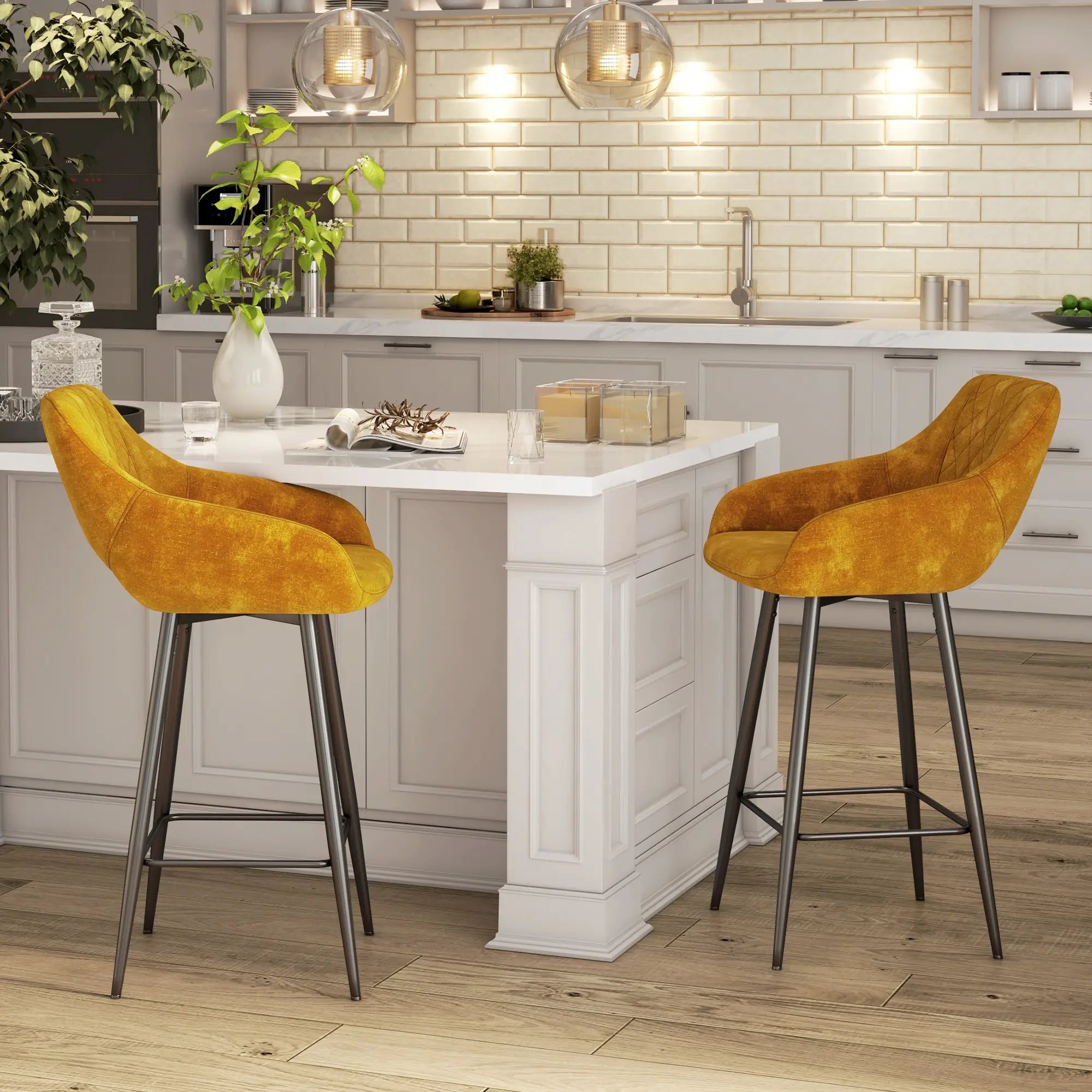 Modern kitchen with a white island and yellow bar stools.