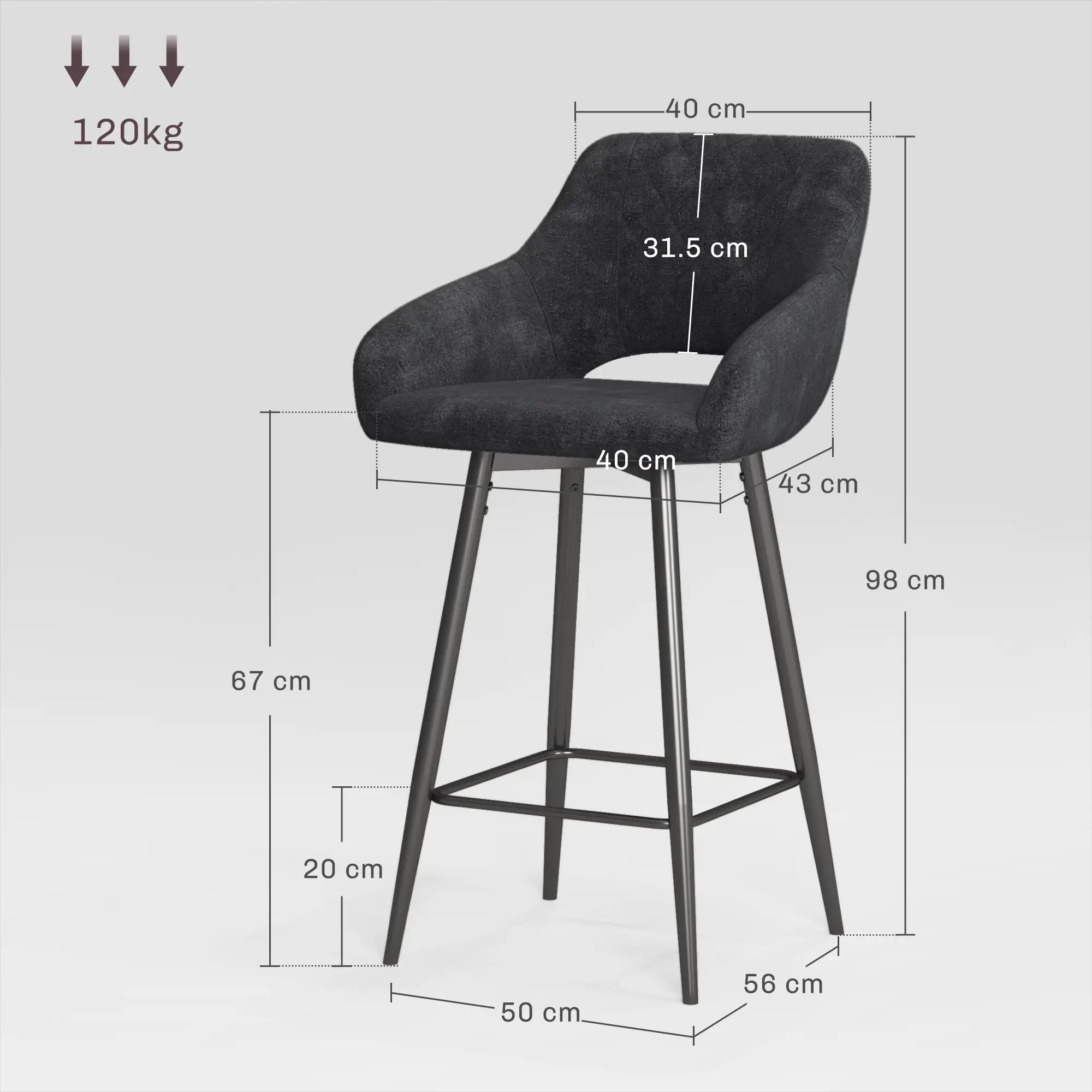 Black bar stool with dimensions and weight capacity on a white background