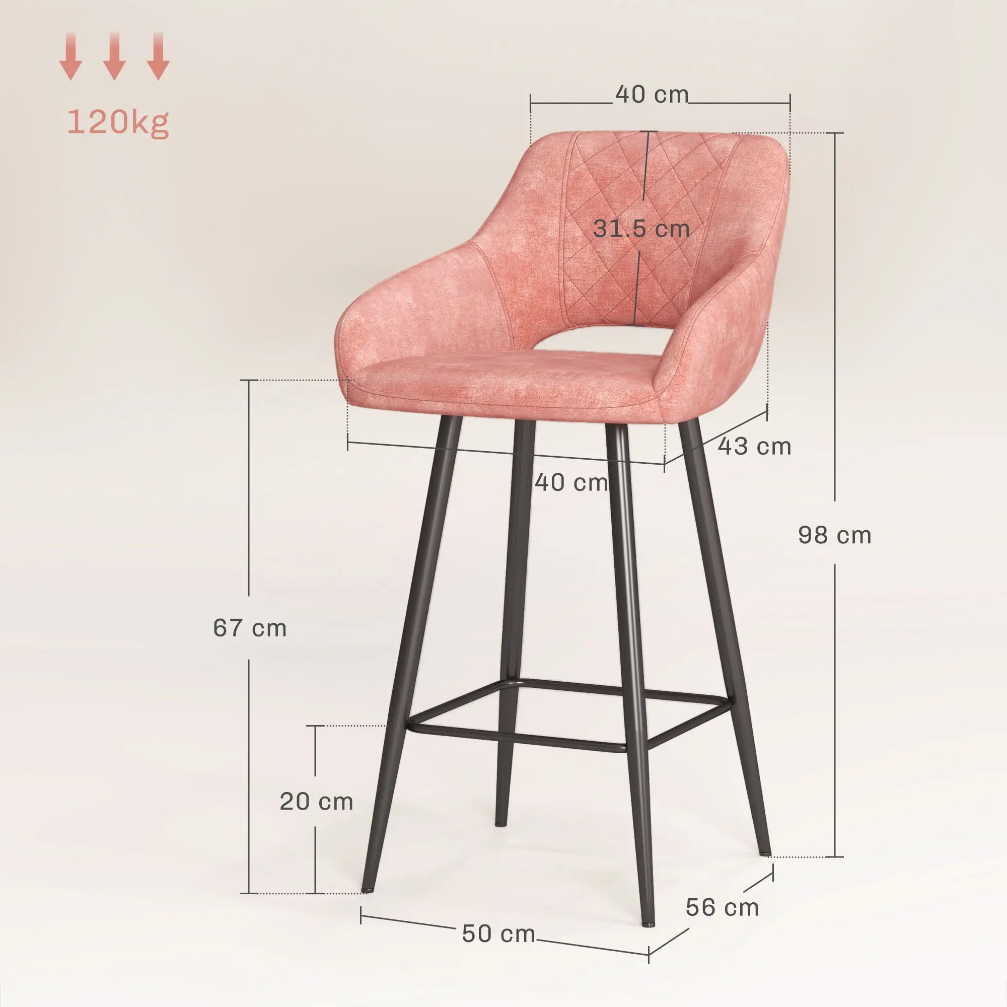Pink bar stool with dimensions and weight capacity on a beige background