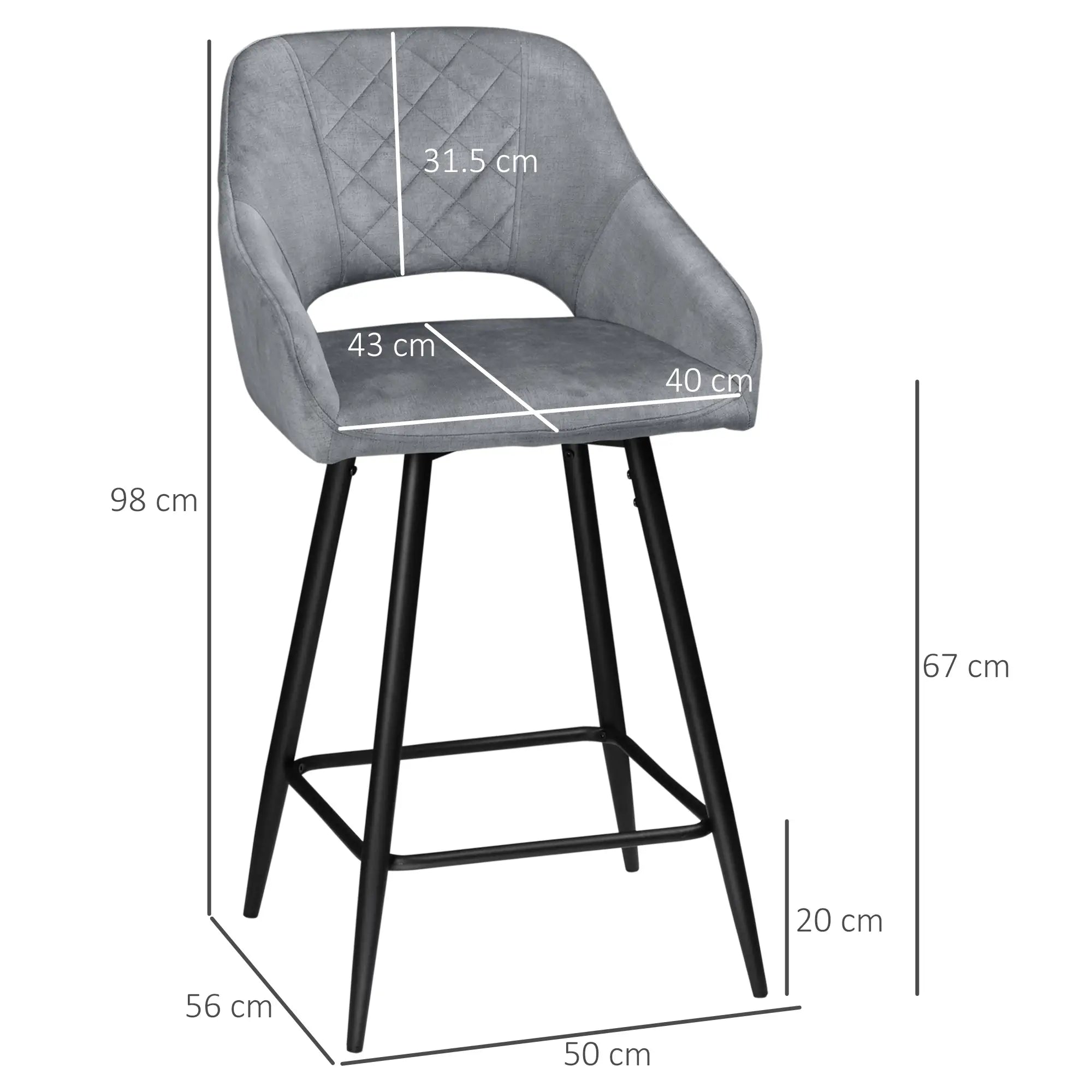 Gray bar stool with black legs and measurements on a white background