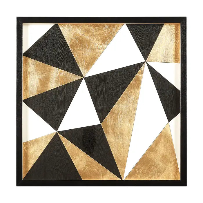 Geometric triangle pattern in black, gold, and white on a white background