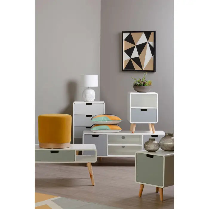 Modern living room with colorful furniture and decor