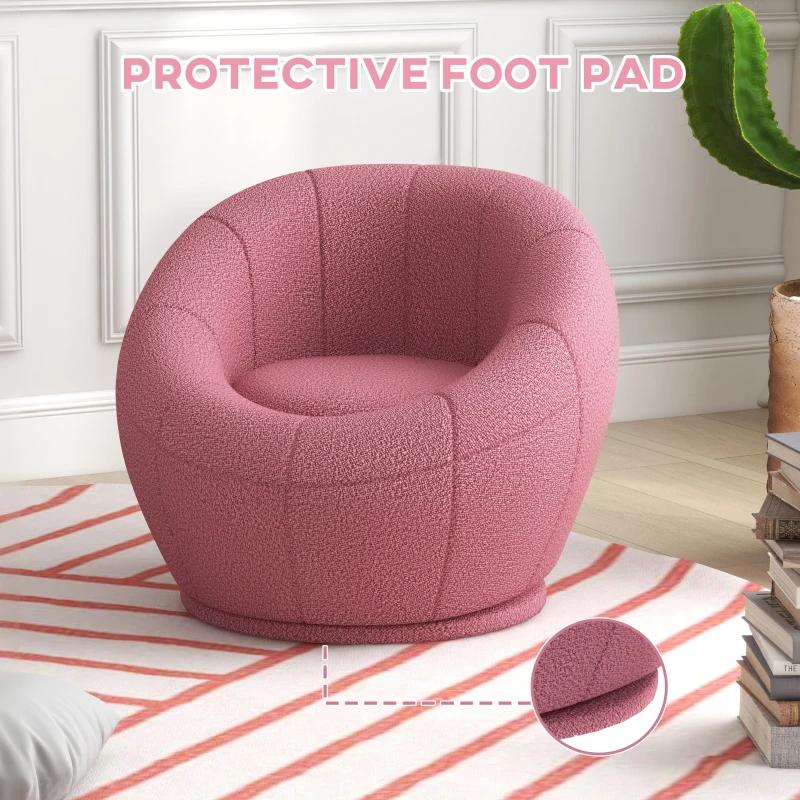Pink textured chair on a striped rug with a protective foot pad inset.