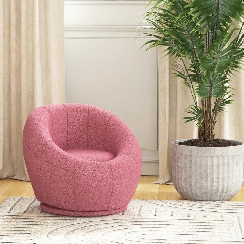 Pink armchair in a room with a plant and curtains