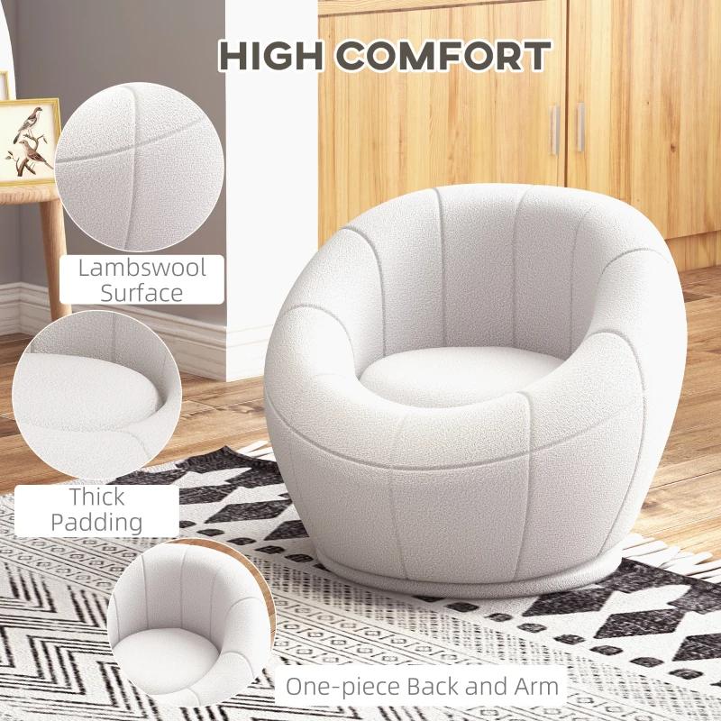 White armchair with text highlighting features like lambswool surface, thick padding, and one-piece back and arm design.