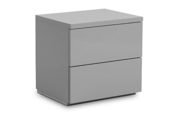 Gray two-drawer nightstand on a white background