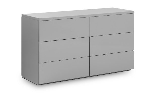 Gray dresser with six drawers on a white background