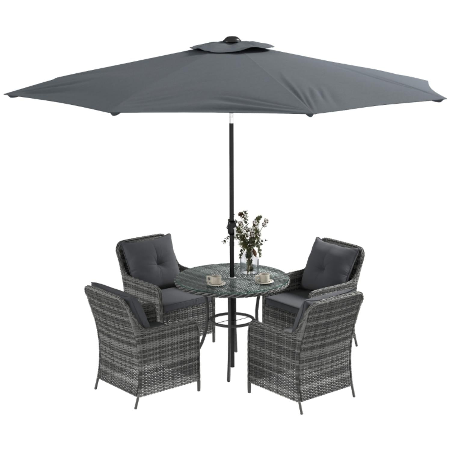 Outdoor furniture set with four chairs and a table under a large gray umbrella on a white background.