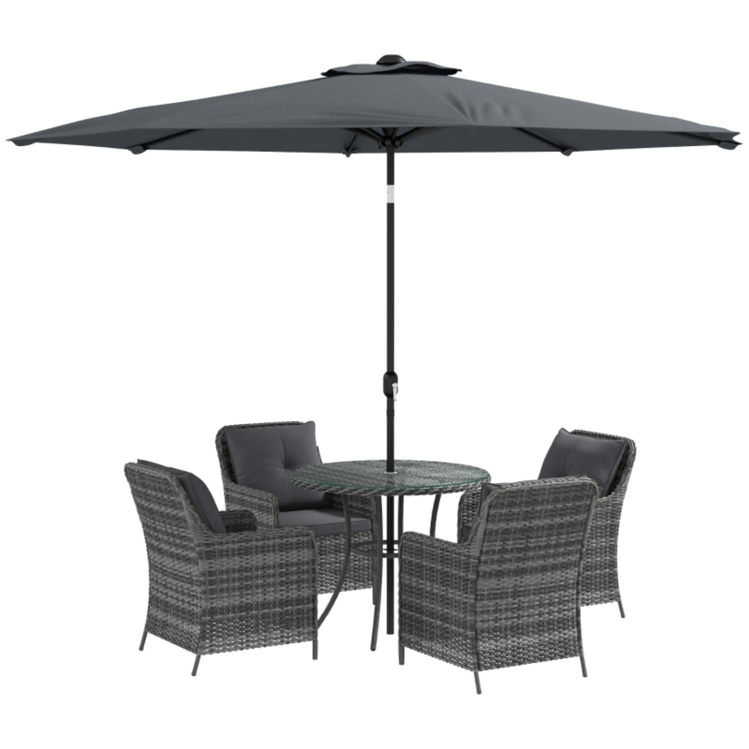 Outdoor furniture set with four chairs and a round table under a large black umbrella on a white background.