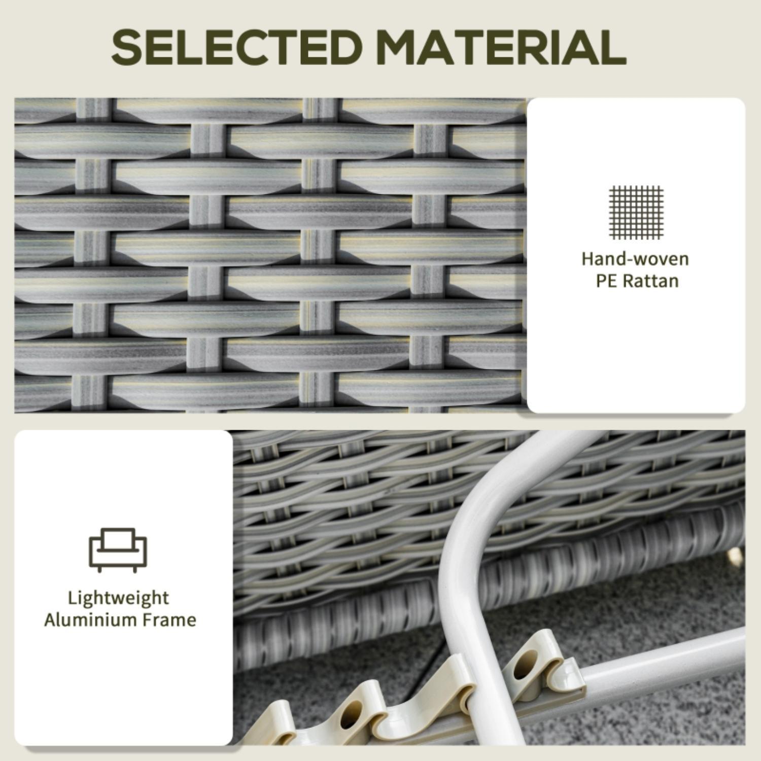 Hand-woven PE rattan material and lightweight aluminium frame with text labels on a beige background.