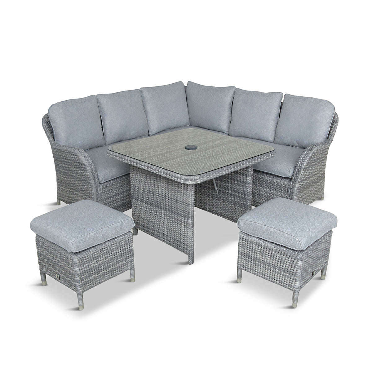 Gray outdoor furniture set with cushions on a white background