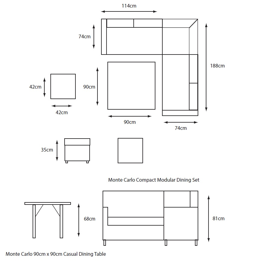 Dimensions of a Monte Carlo compact modular dining set on a white background
