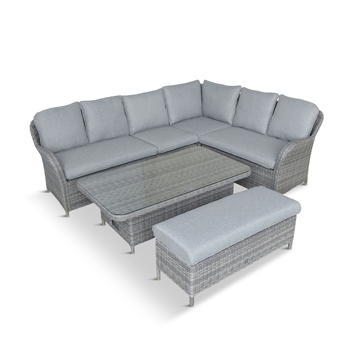 Gray outdoor sectional sofa with matching ottoman on a white background