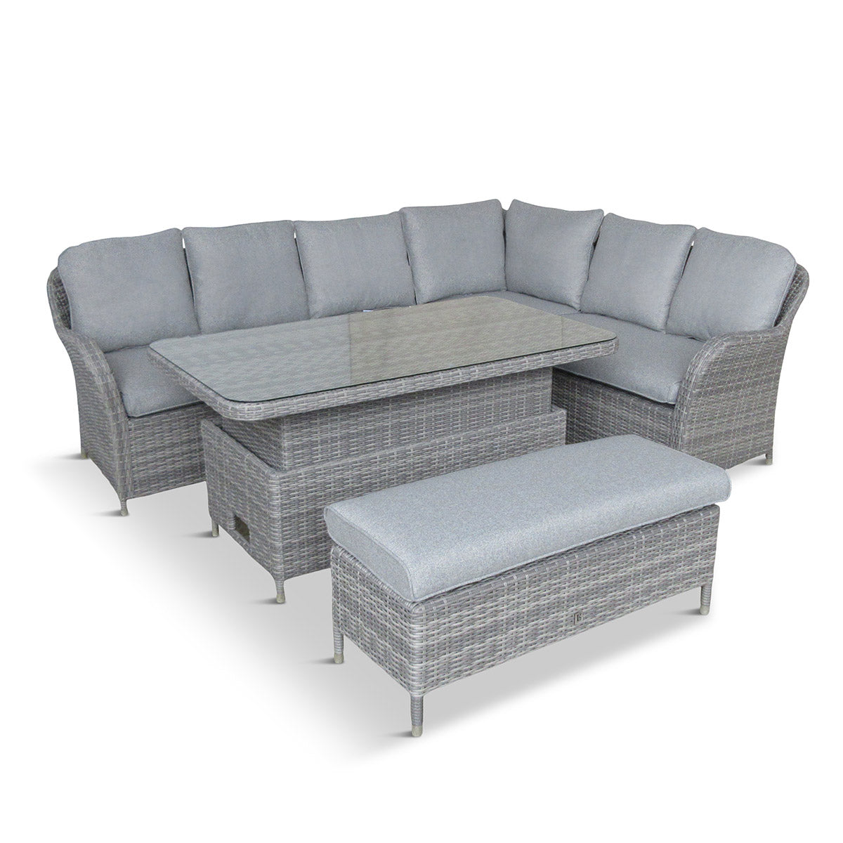 Gray outdoor furniture set with cushions on a white background