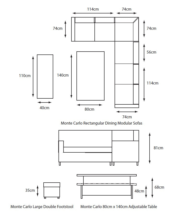 Dimensions of Monte Carlo Rectangular Dining Modular Sofas and footstool on a white background