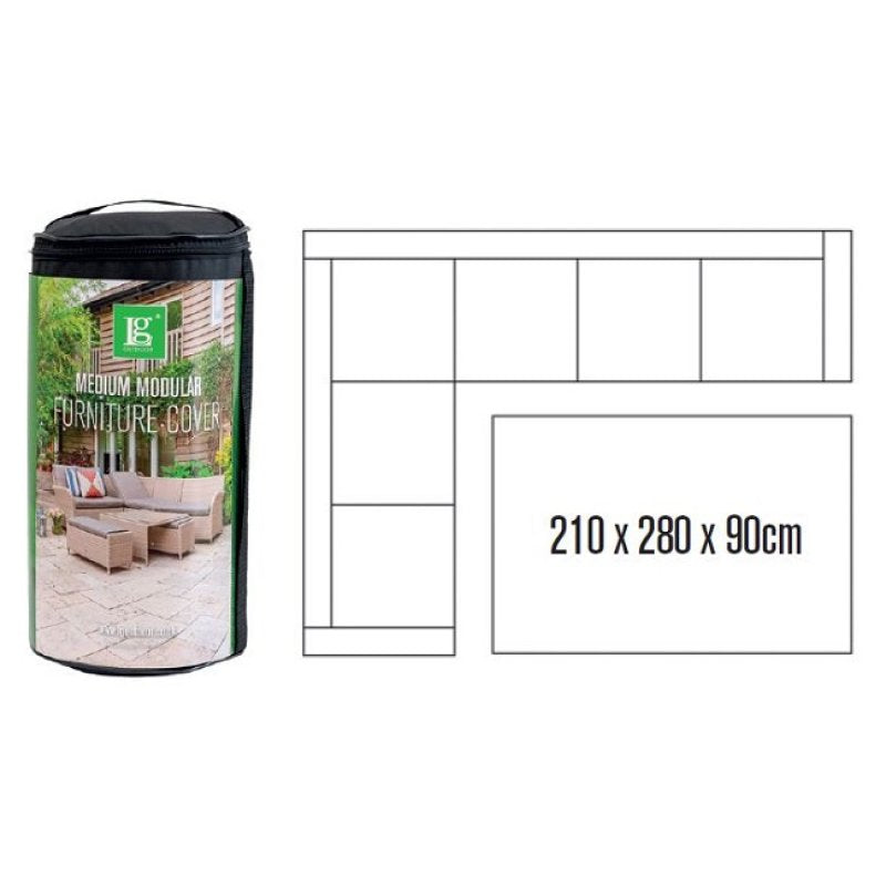 Furniture cover with packaging and dimensions on a white background