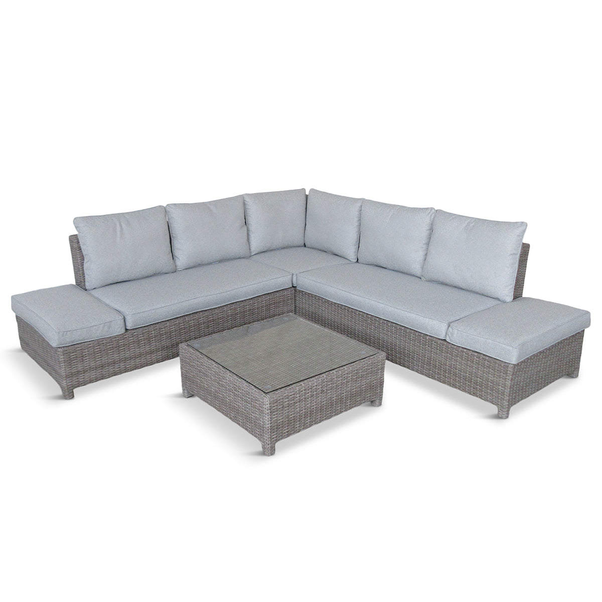 Gray outdoor sectional sofa with light gray cushions and a matching ottoman on a white background.