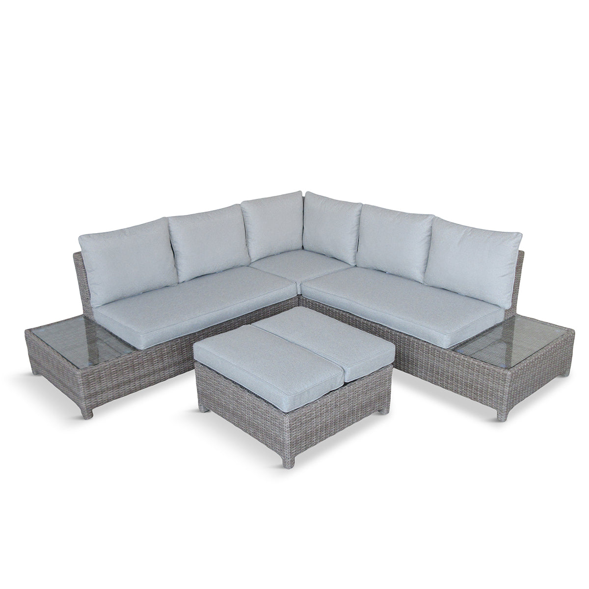 Gray outdoor sectional sofa with glass tables on a white background