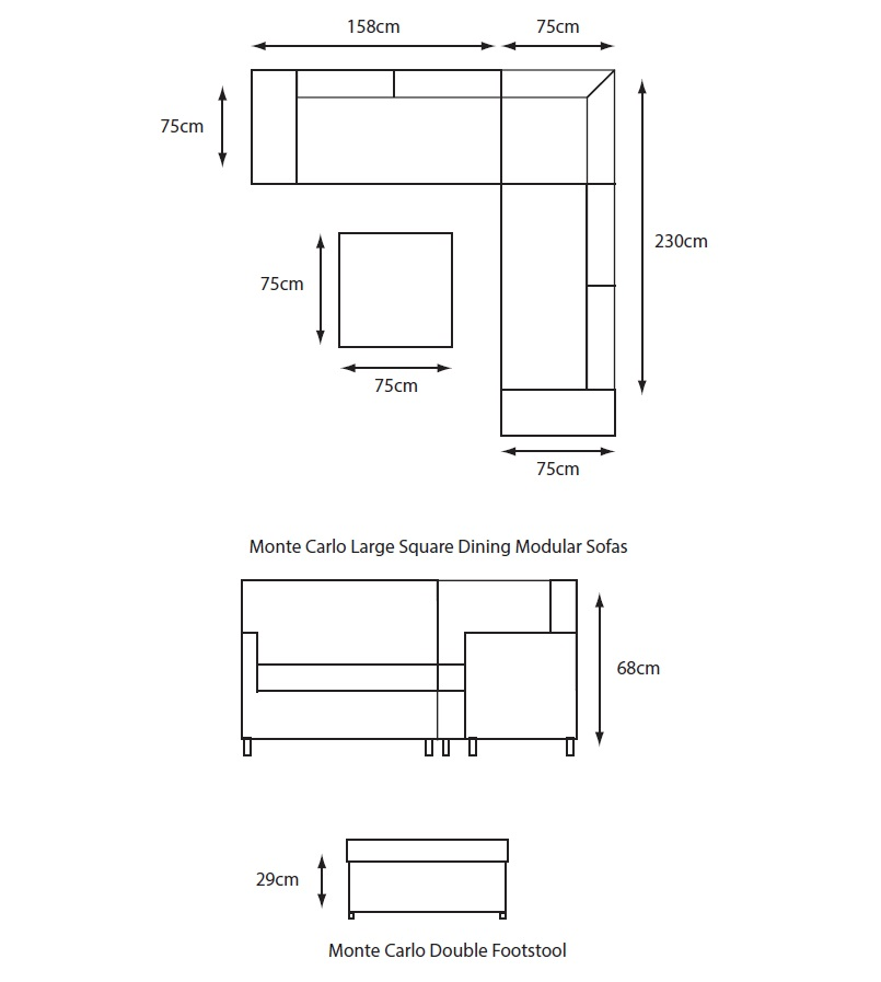 Dimensions of Monte Carlo Large Square Dining Modular Sofas and Double Footstool on a white background