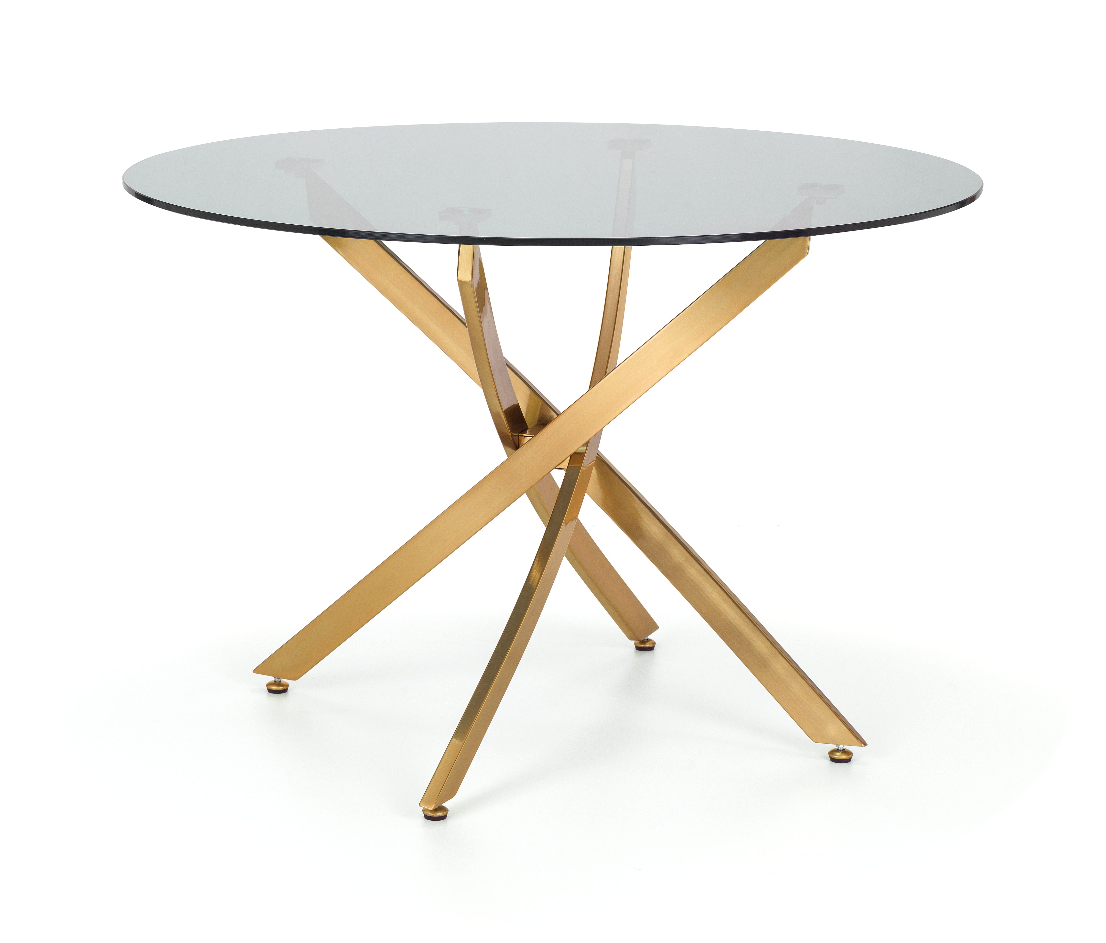 Round glass table with gold metal legs on a white background