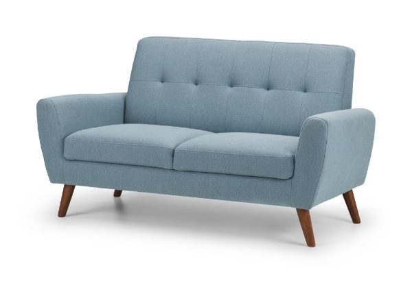 Blue sofa with wooden legs on a white background