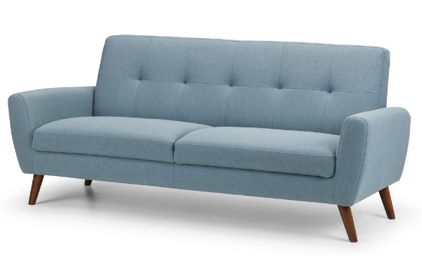 Blue sofa with wooden legs on a white background
