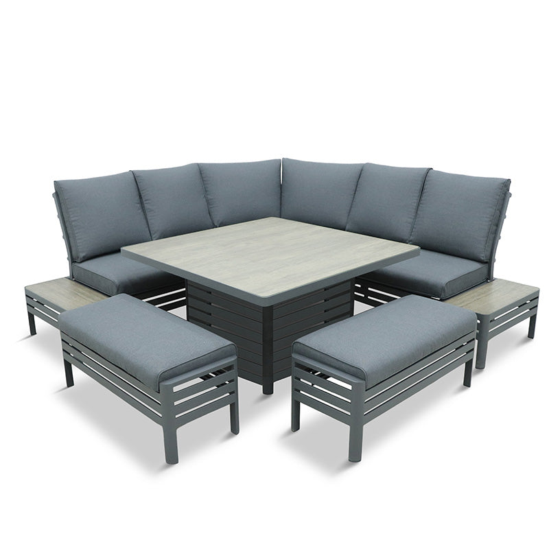 Outdoor furniture set with gray cushions on a white background