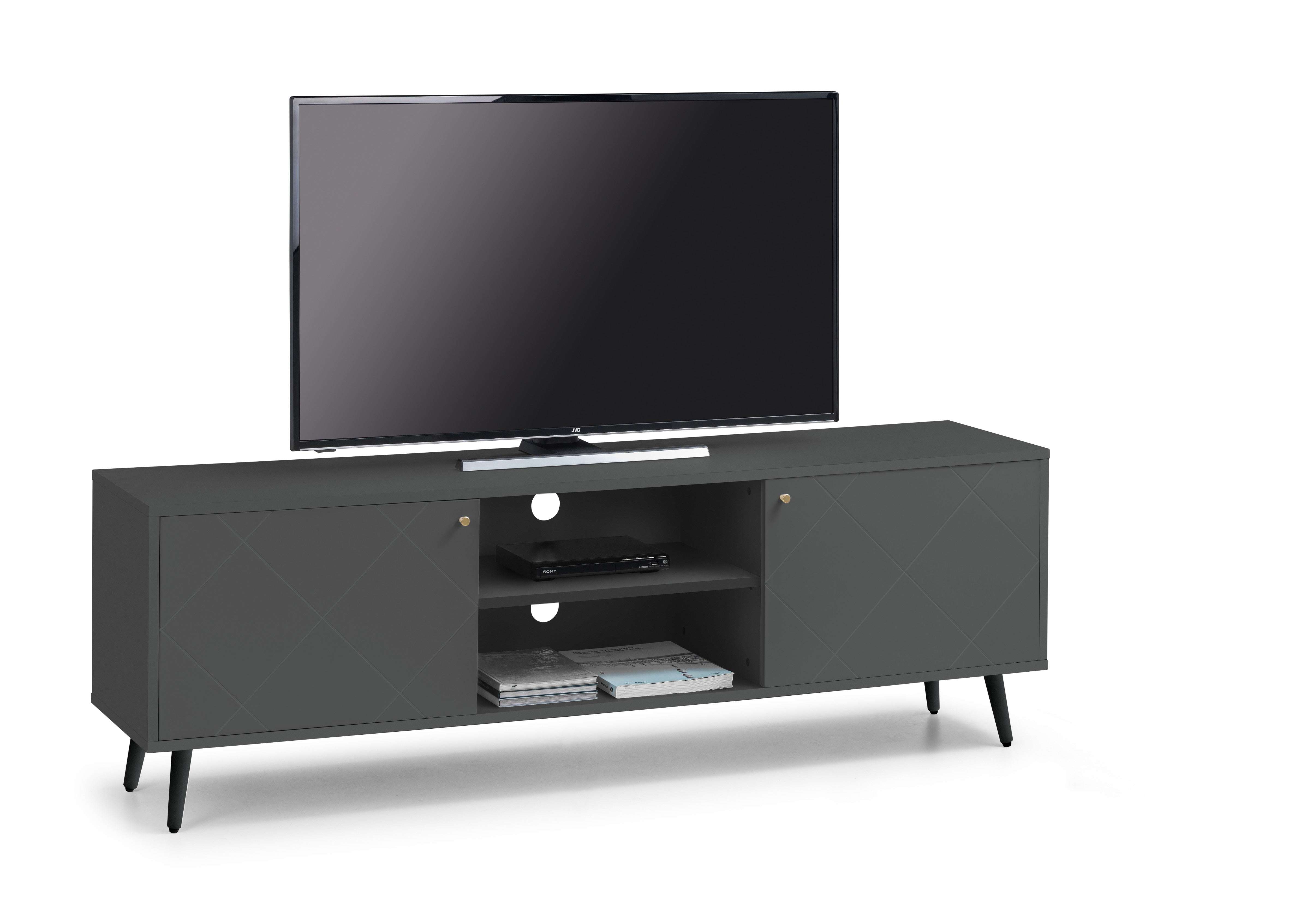 Grey TV stand with a flat-screen TV on a white background