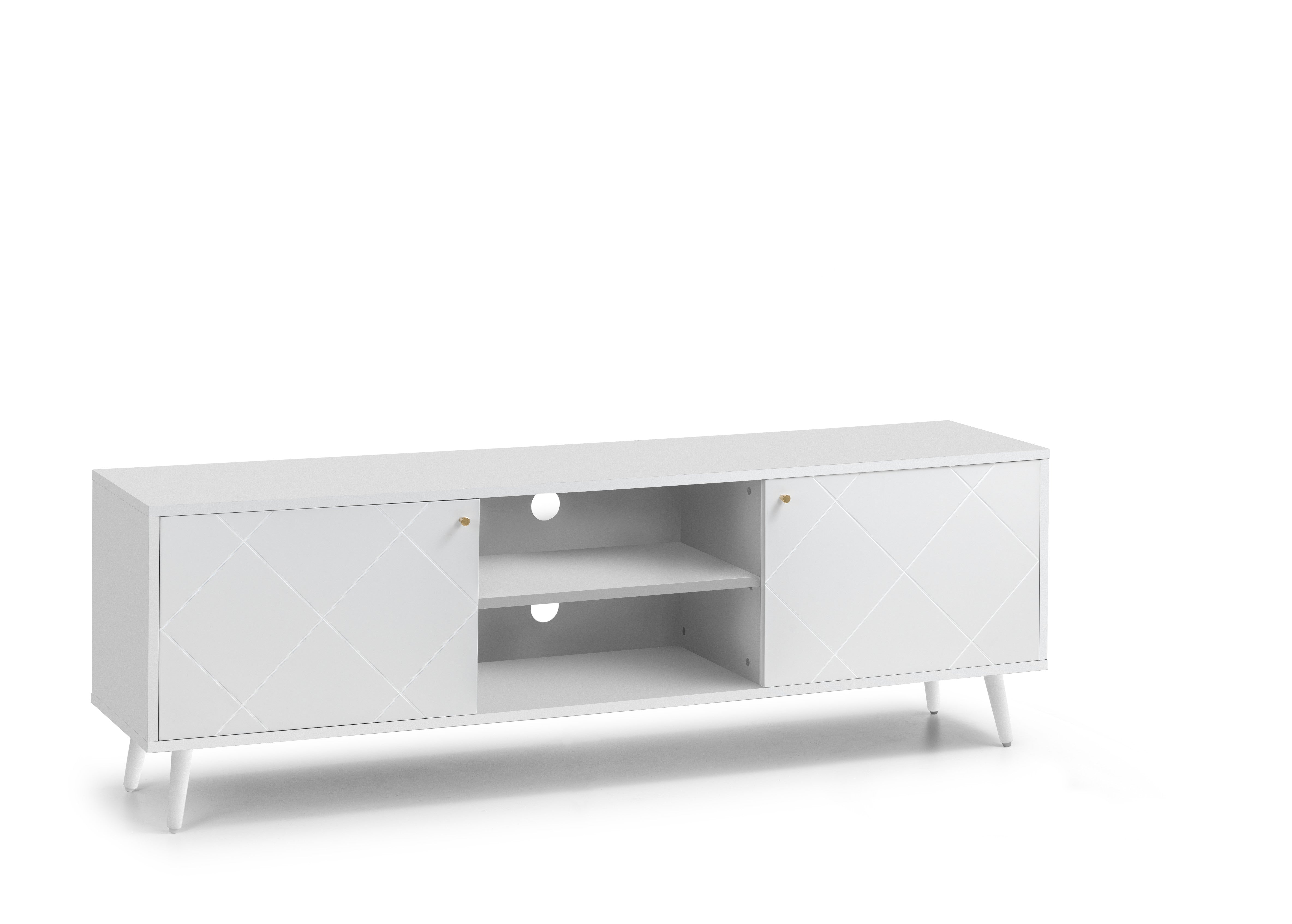 White TV stand with open shelves on a white background