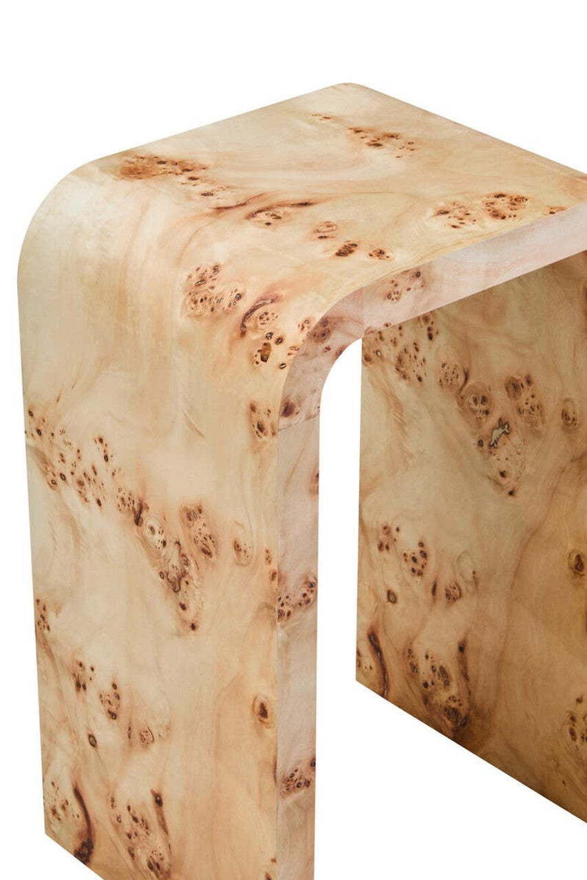 Wooden table with a natural, textured finish on a white background