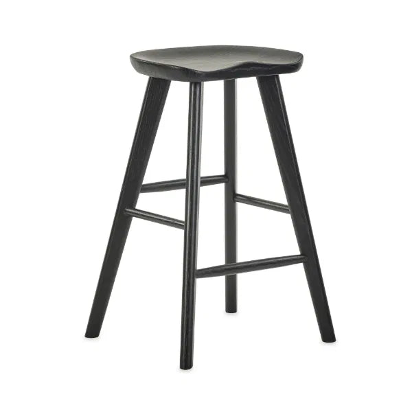 Black bar stool with a gray seat on a white background